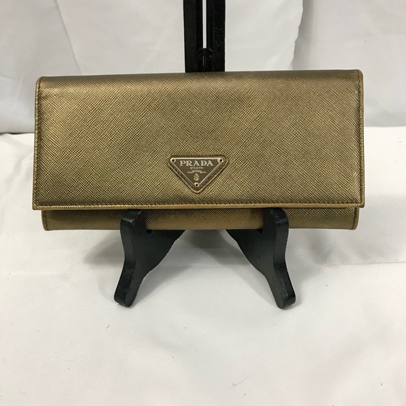 Prada Handbags - Prada Metallic Gold Saffiano Leather Double Snap Continental Wallet